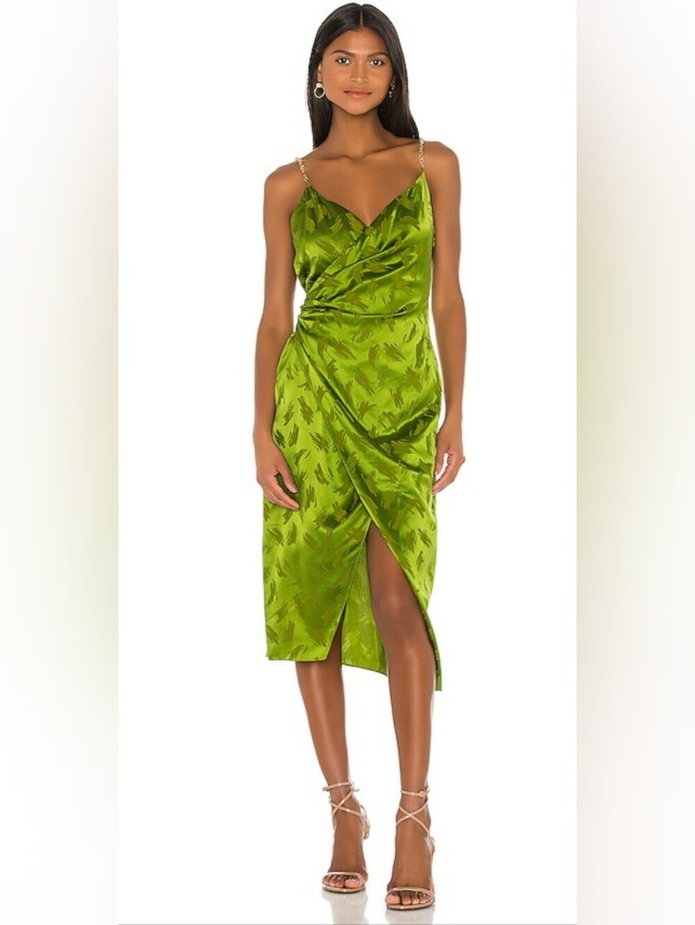 Ronny Kobo Olive Green Silk Midi Slip Dress with Chain Straps